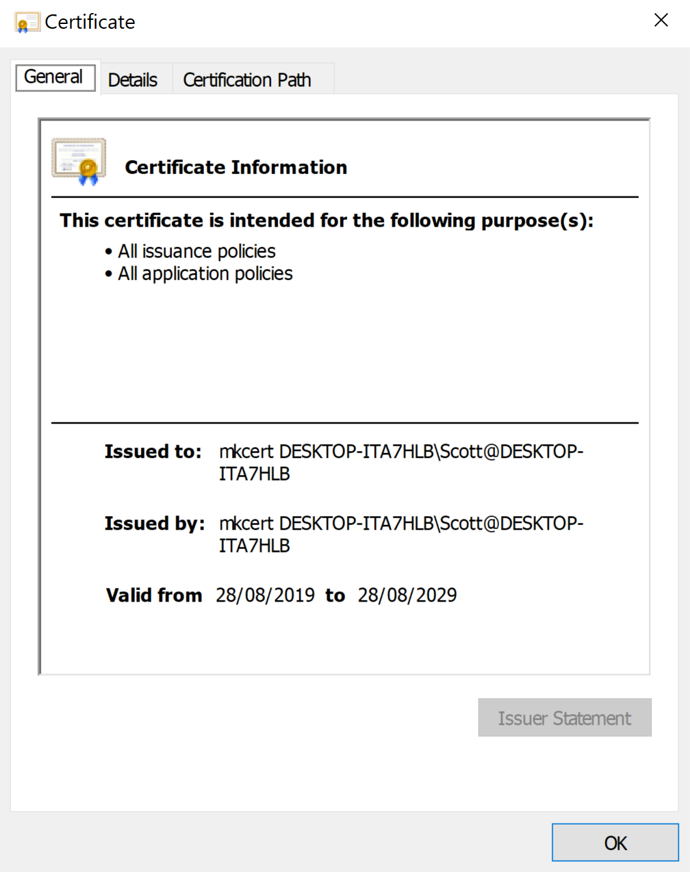The mkcert Certificate Authority that was installed after running mkcert -install. This shows that the CA is issued to mkcert plus followed by my machine name and is valid for 10 years