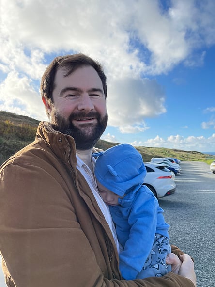 Me and my son William enjoying a cuddle in Cornwall.