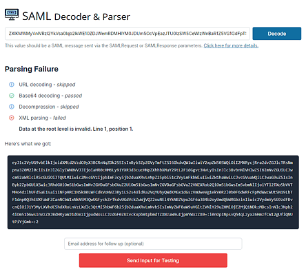 A screenshot of my SAML parsing tool, showing error statuses and how far it made it through decoding.
