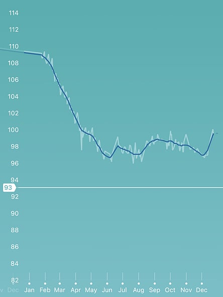 A graph showing my weight over the year.