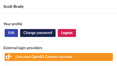 The Umbraco backoffice user self-service sidebar showing a new section called 'External login providers' with a new button saying 'Link your OpenID Connect account'