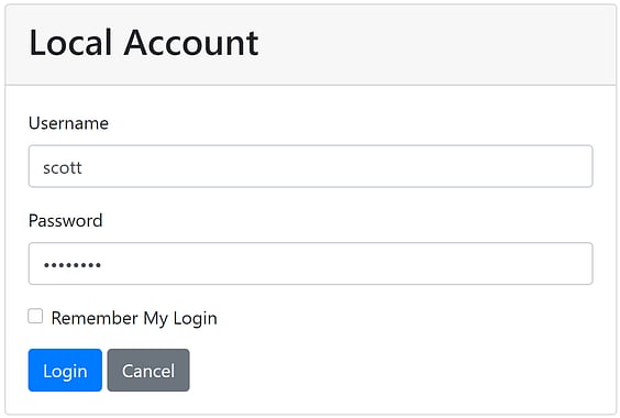 The IdentityServer4 QuickStart UI login screen, showing local authentication using a username and password