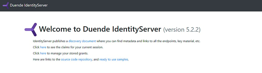 The IdentityServer4 QuickStart UI splash screen showing a welcome message and some links to help pages