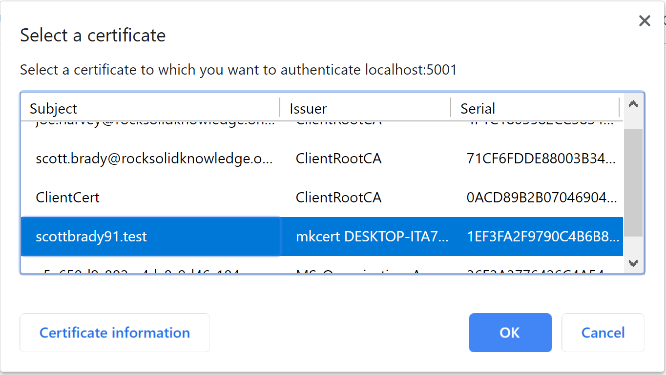 Chrome window showing https://localhost:5001 challenging the user to choose a certificate to authenticate with.