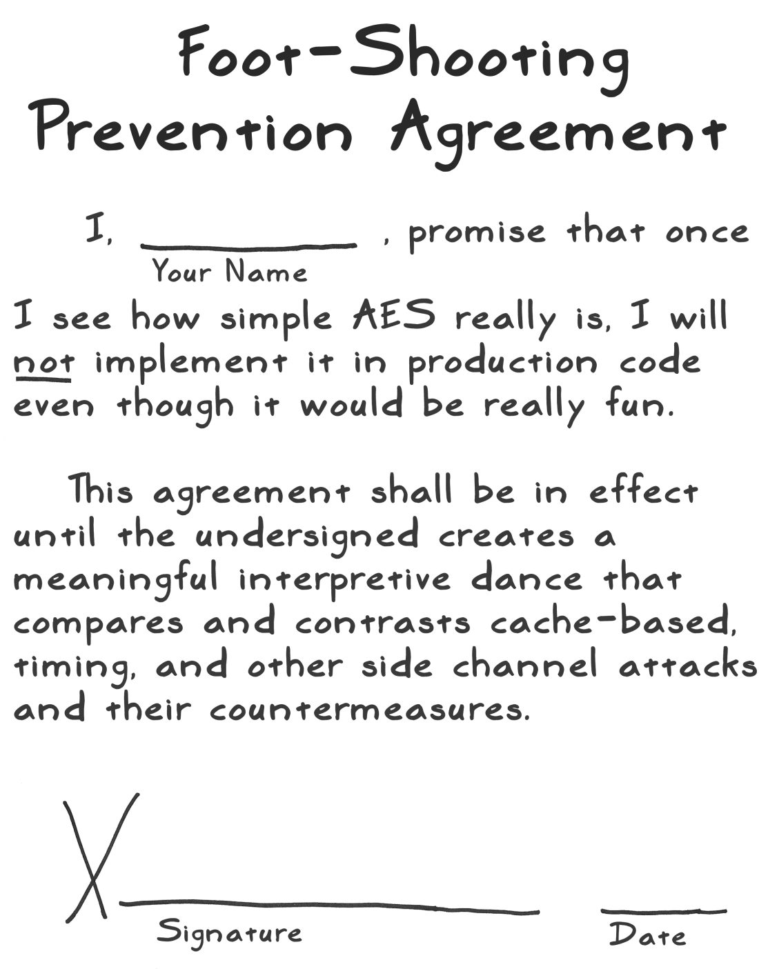 A pretend legal document for you to sign, titled Foot-Shooting Prevention Agreement, where you agree to not implement AES yourself in production code, even if you think it would be really fun.