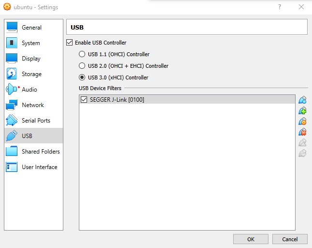 VirtualBox VM settings for USB set to USB 3.0 with a rule for SEGGER J-Link